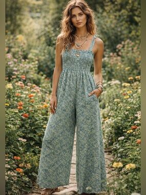 NLT Boho Smocked Wide-Leg Jumpsuit in Sage Floral with Pockets